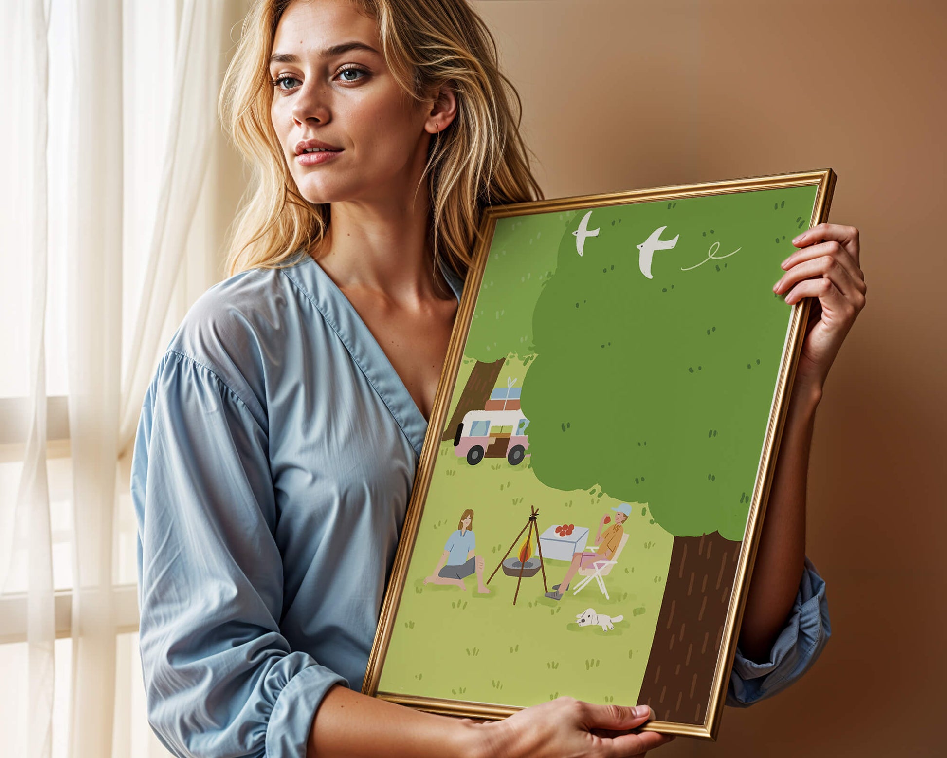 Relaxing Picnic Scene in a Bright Green Park with People, Dog, and Birds