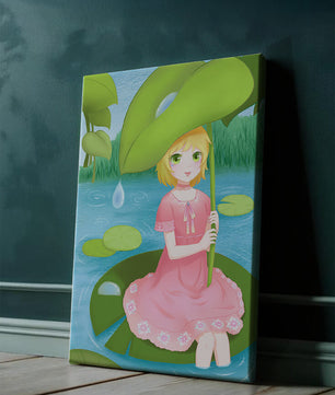 Whimsical Illustration of a Young Girl in a Pink Dress Sitting on a Lily Pad