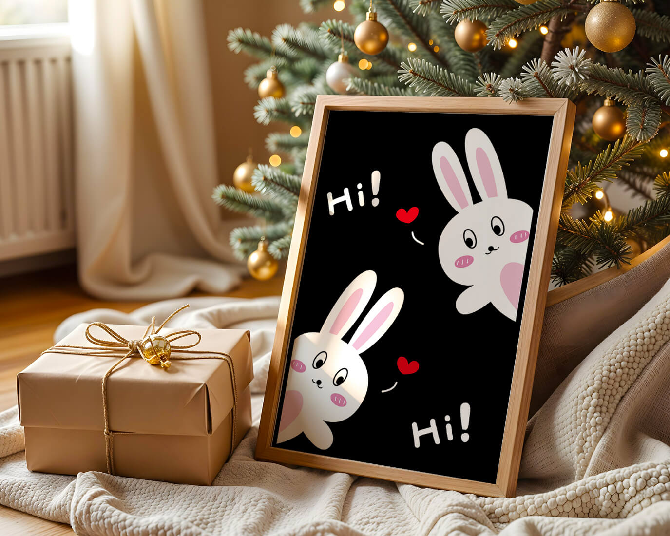 Charming bunny illustration with hearts on black background