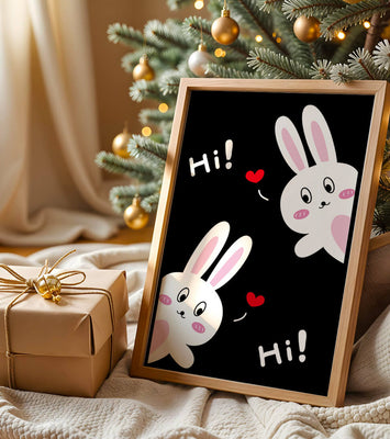 Charming bunny illustration with hearts on black background