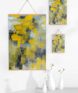 Abstract Yellow and Gray Geometric Art with Textured Patterns - Mi tienda