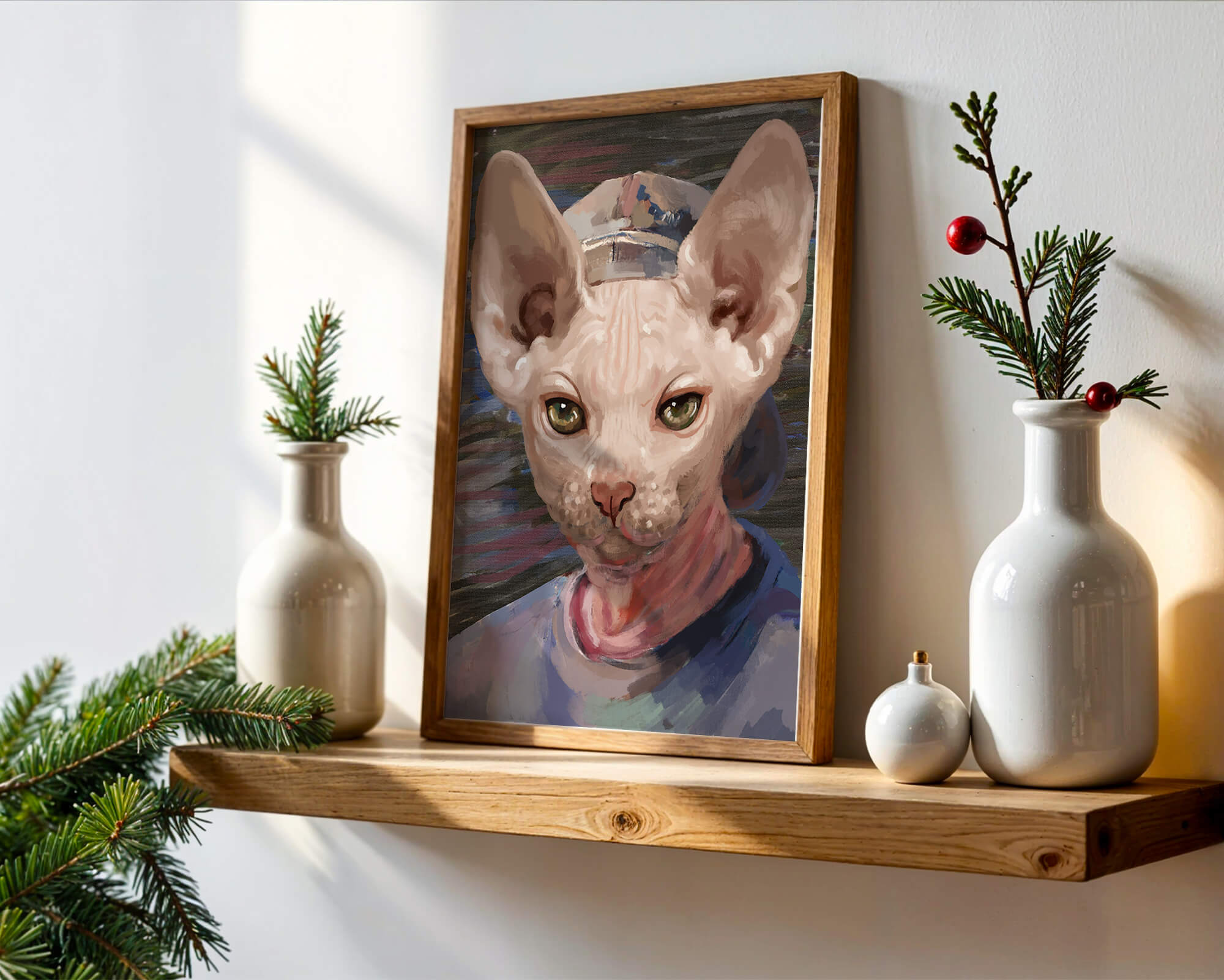 Painted portrait of a sphynx cat wearing a casual cap