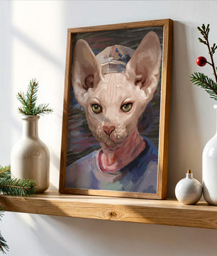 Painted portrait of a sphynx cat wearing a casual cap