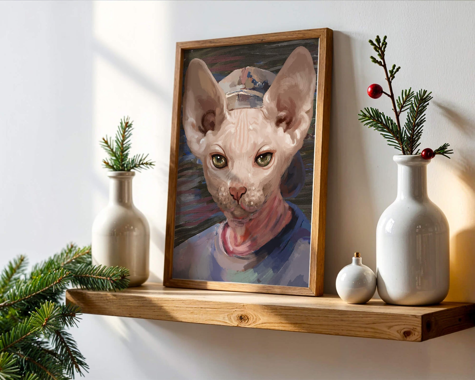 Painted portrait of a sphynx cat wearing a casual cap