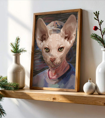 Painted portrait of a sphynx cat wearing a casual cap