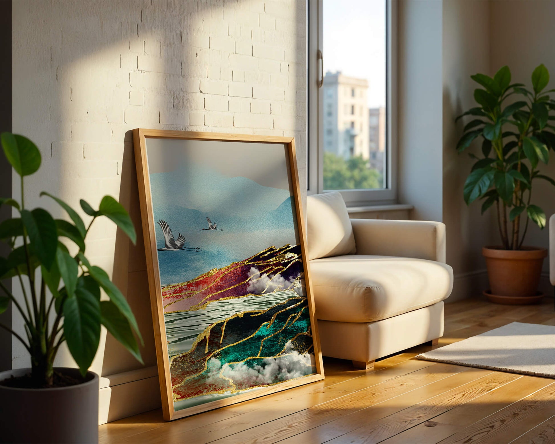 Majestic Landscape With Flying Cranes And Golden Accents