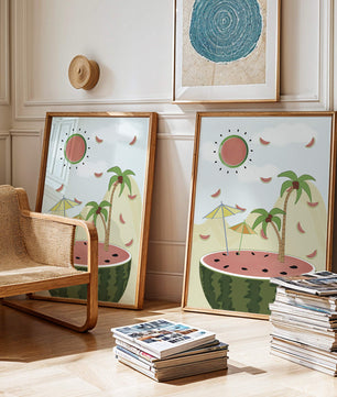Summer Paradise with Watermelon Sun and Palms in Surreal Landscape