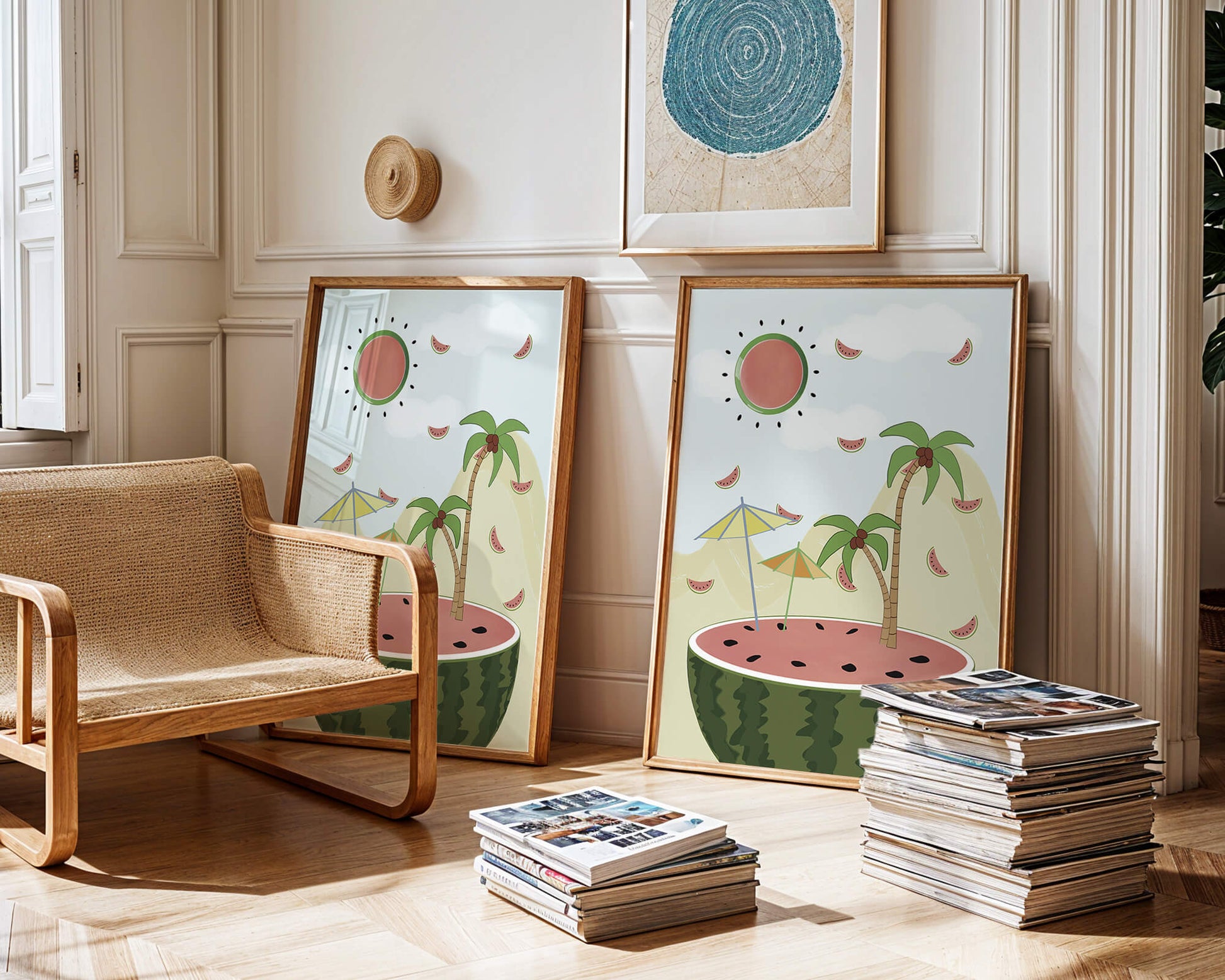 Summer Paradise with Watermelon Sun and Palms in Surreal Landscape