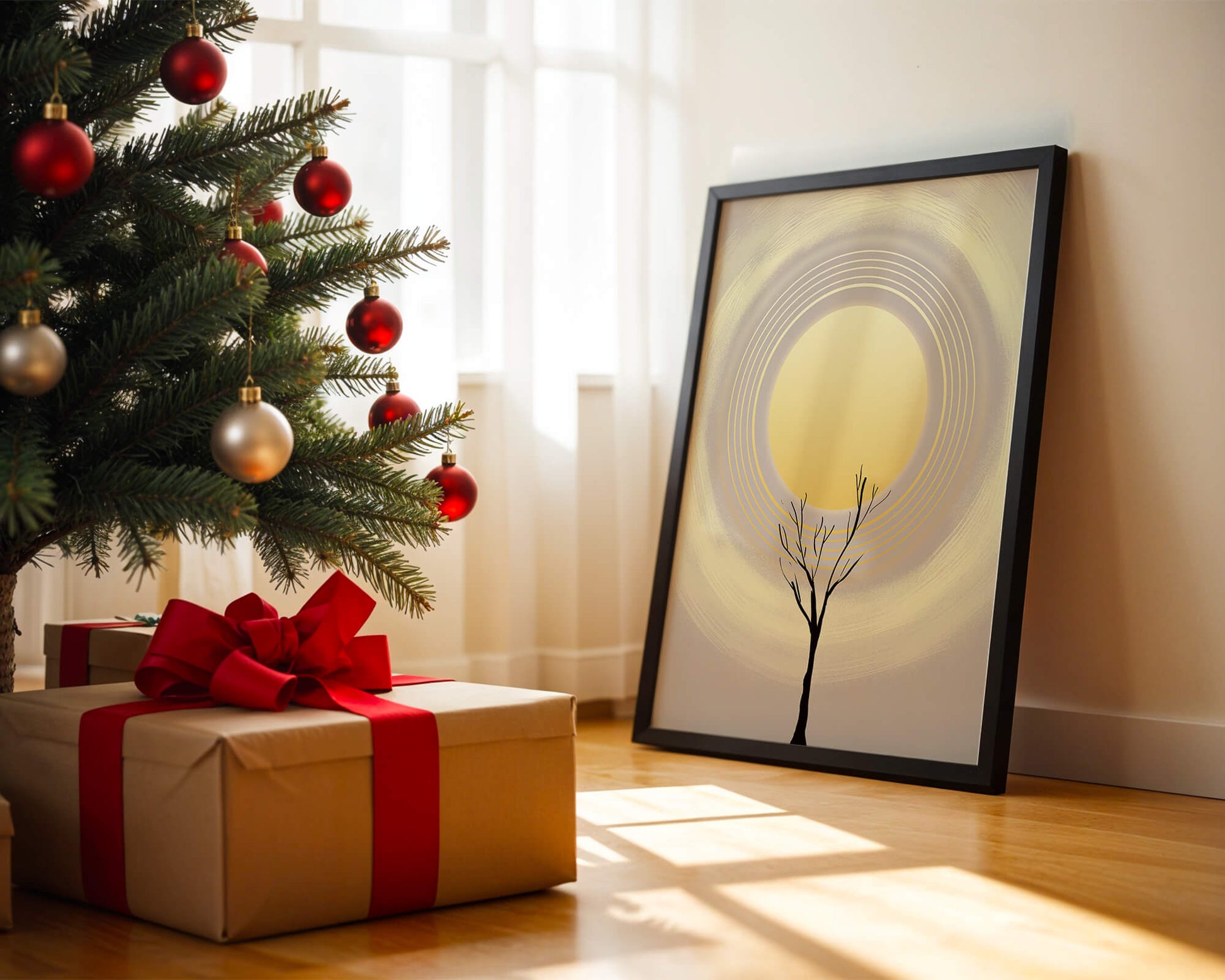 Silueta estilizada de un árbol con círculos concéntricos y un sol grande