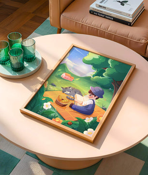 Peaceful outdoor picnic with child reading and cat napping under tree in sunny countryside