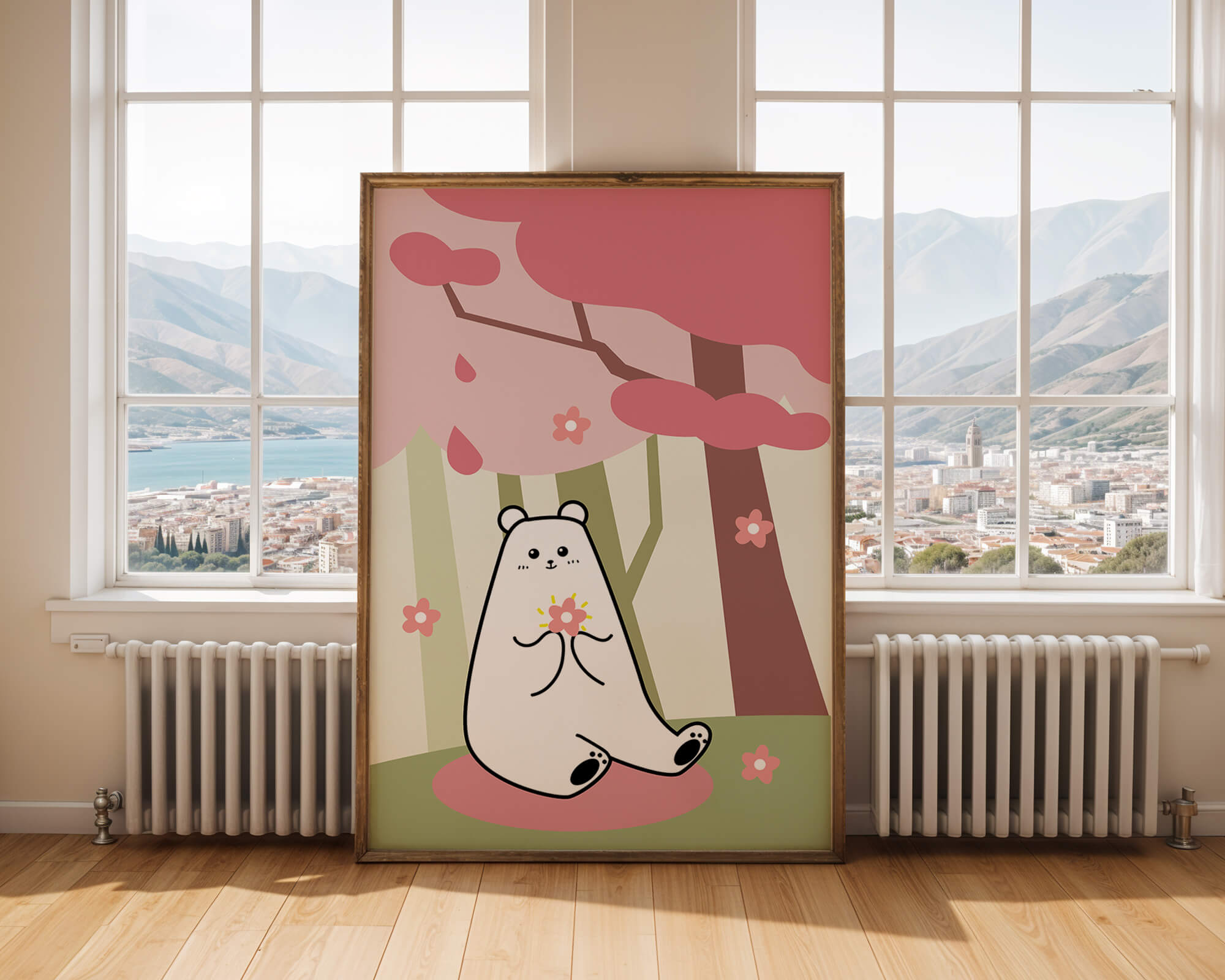 Charming bear holding flower under cherry blossom tree
