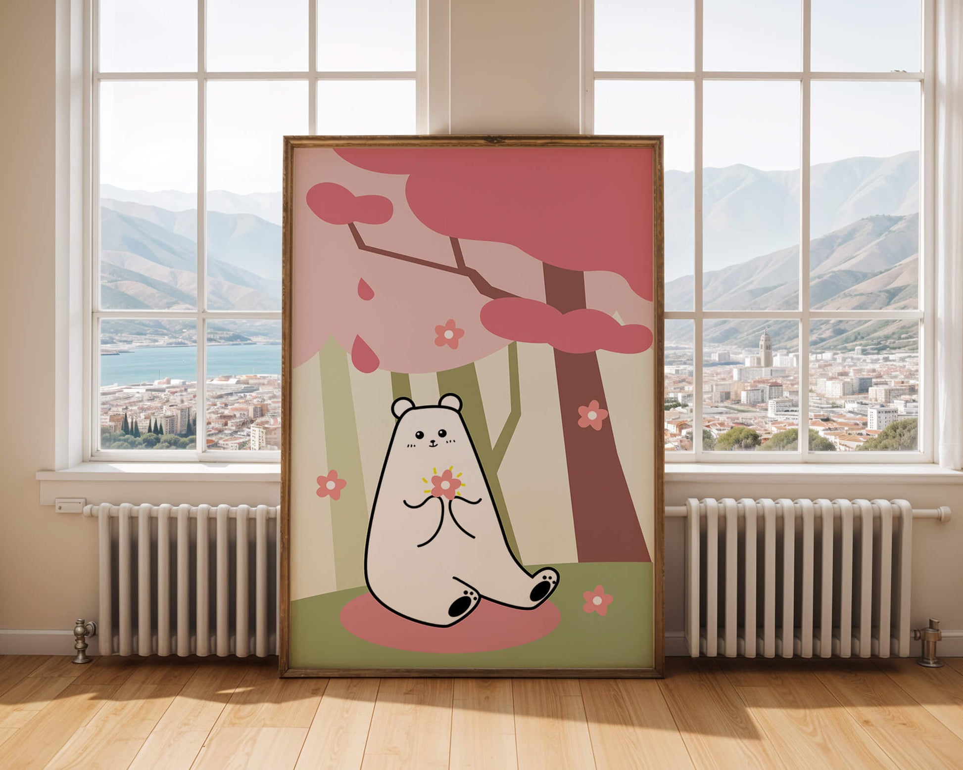 Charming bear holding flower under cherry blossom tree