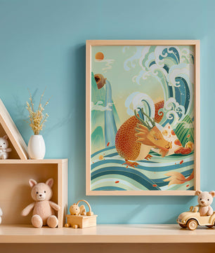 Dragon mythique au milieu de vagues stylisées et de montagnes aux couleurs vives