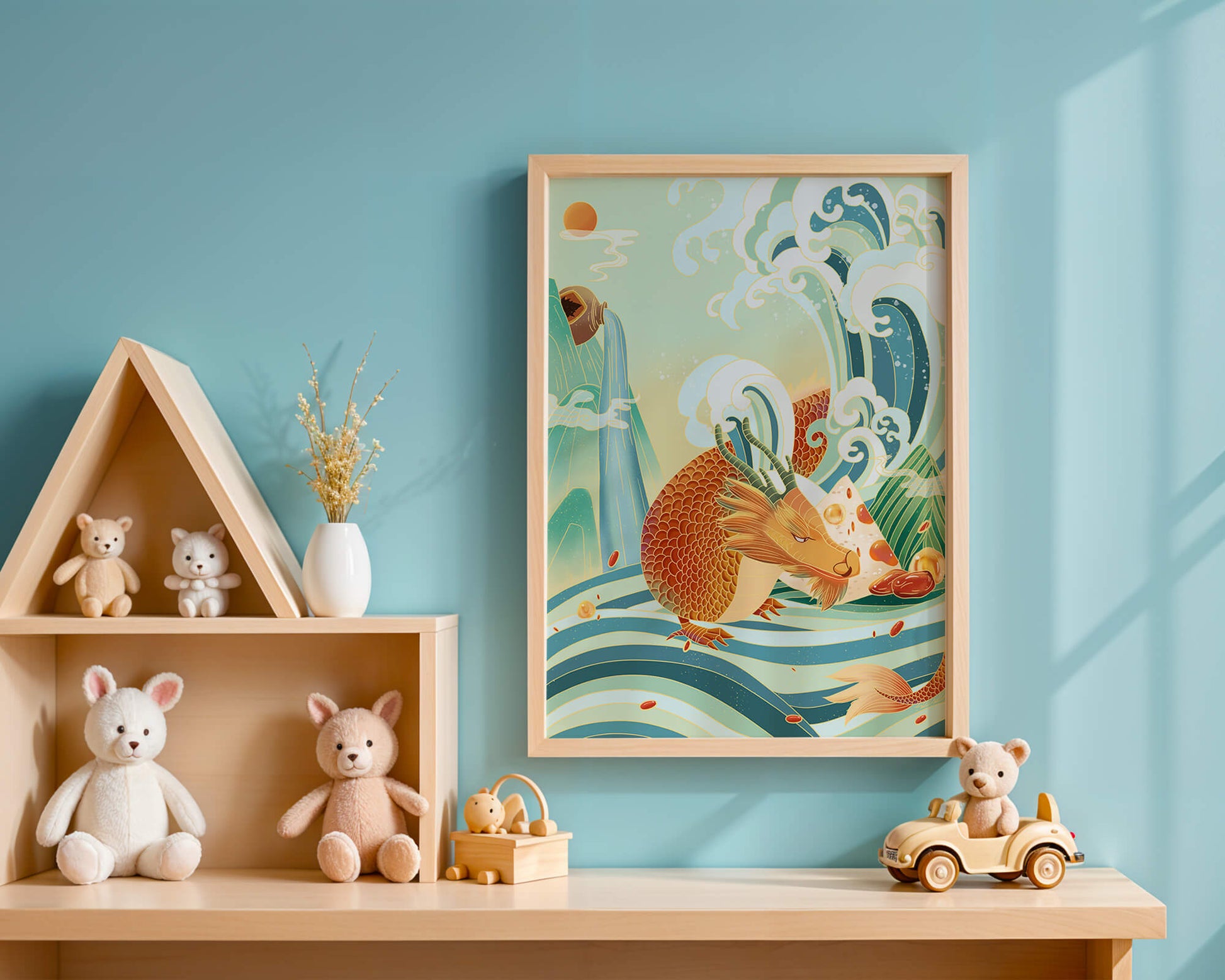 Mythical dragon amidst stylized waves and mountains in vibrant colors