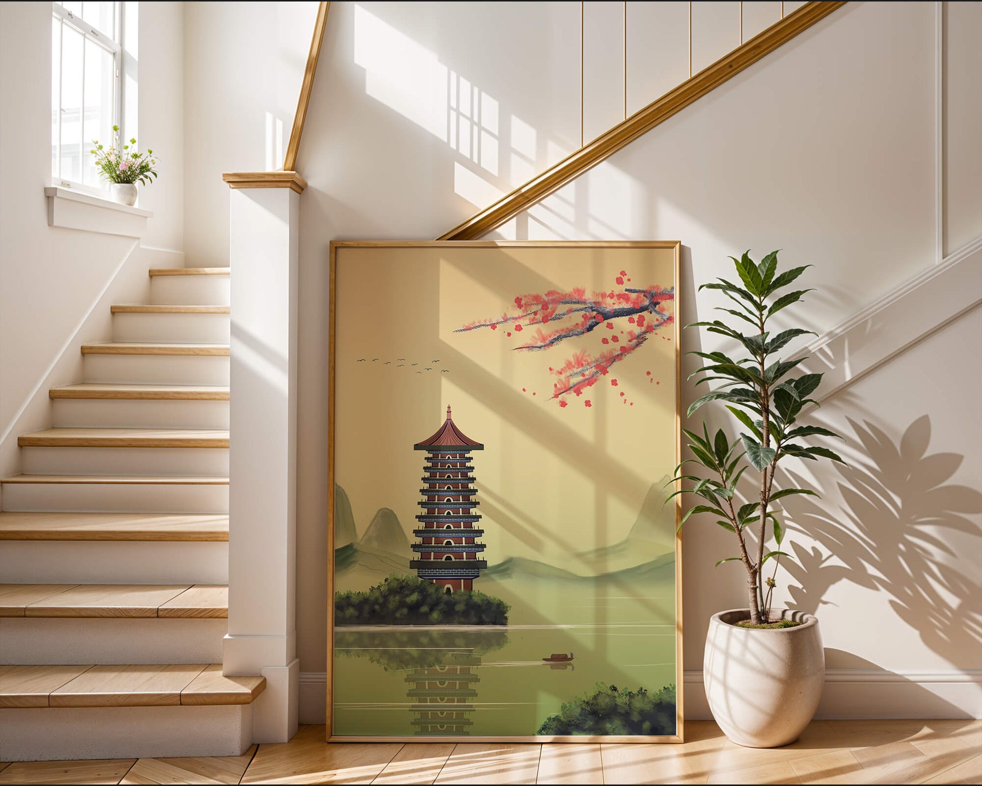 Serene landscape with traditional pagoda and blooming cherry blossoms