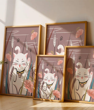Ilustración de un gato maneki-neko en un entorno de jardín floral