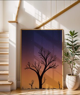 Silhouette Of Tree Against Stunning Sunset Sky With Stars