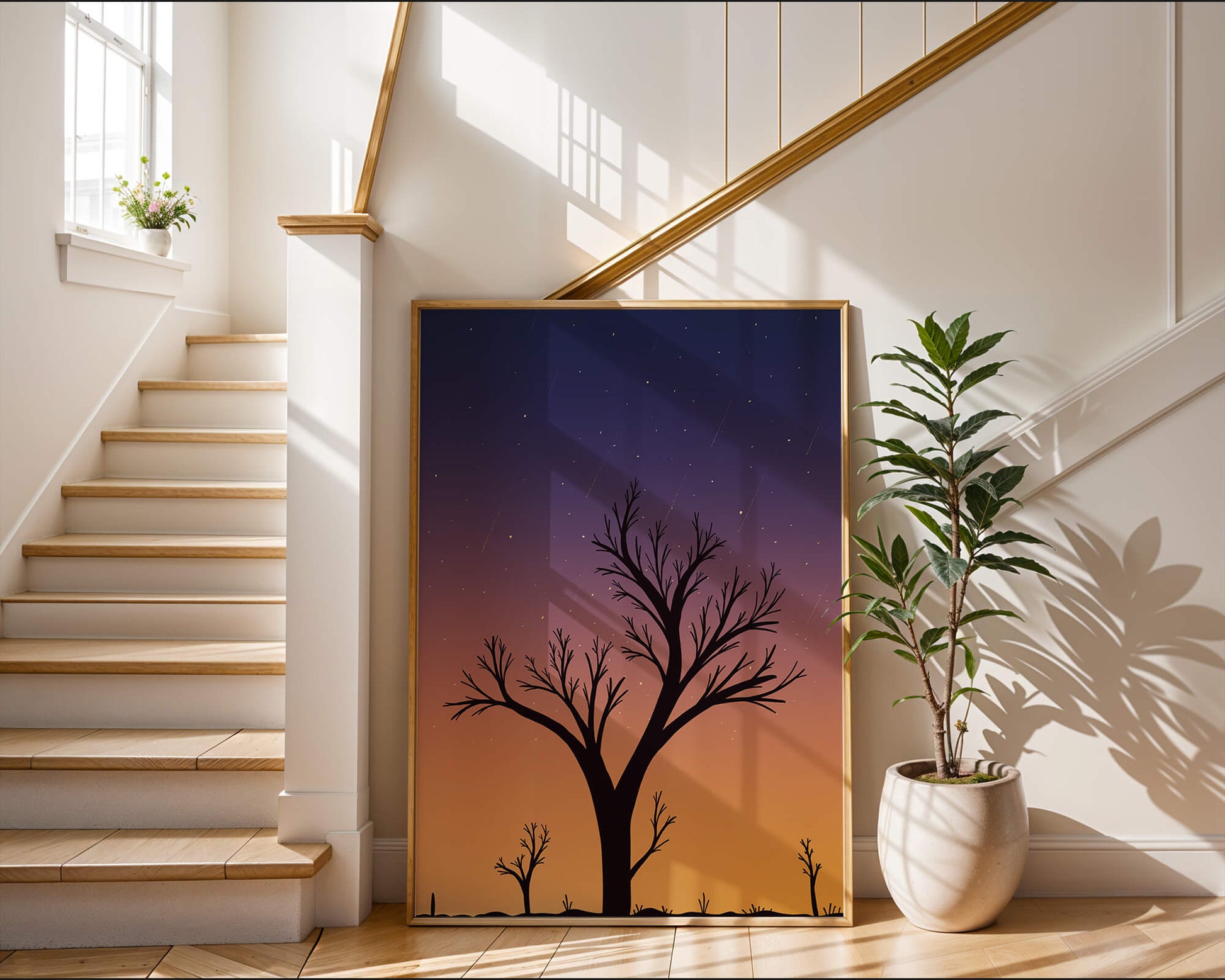 Silhouette Of Tree Against Stunning Sunset Sky With Stars
