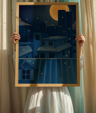 Night Urban Skyline Under a Starry Sky with Bright Full Moon
