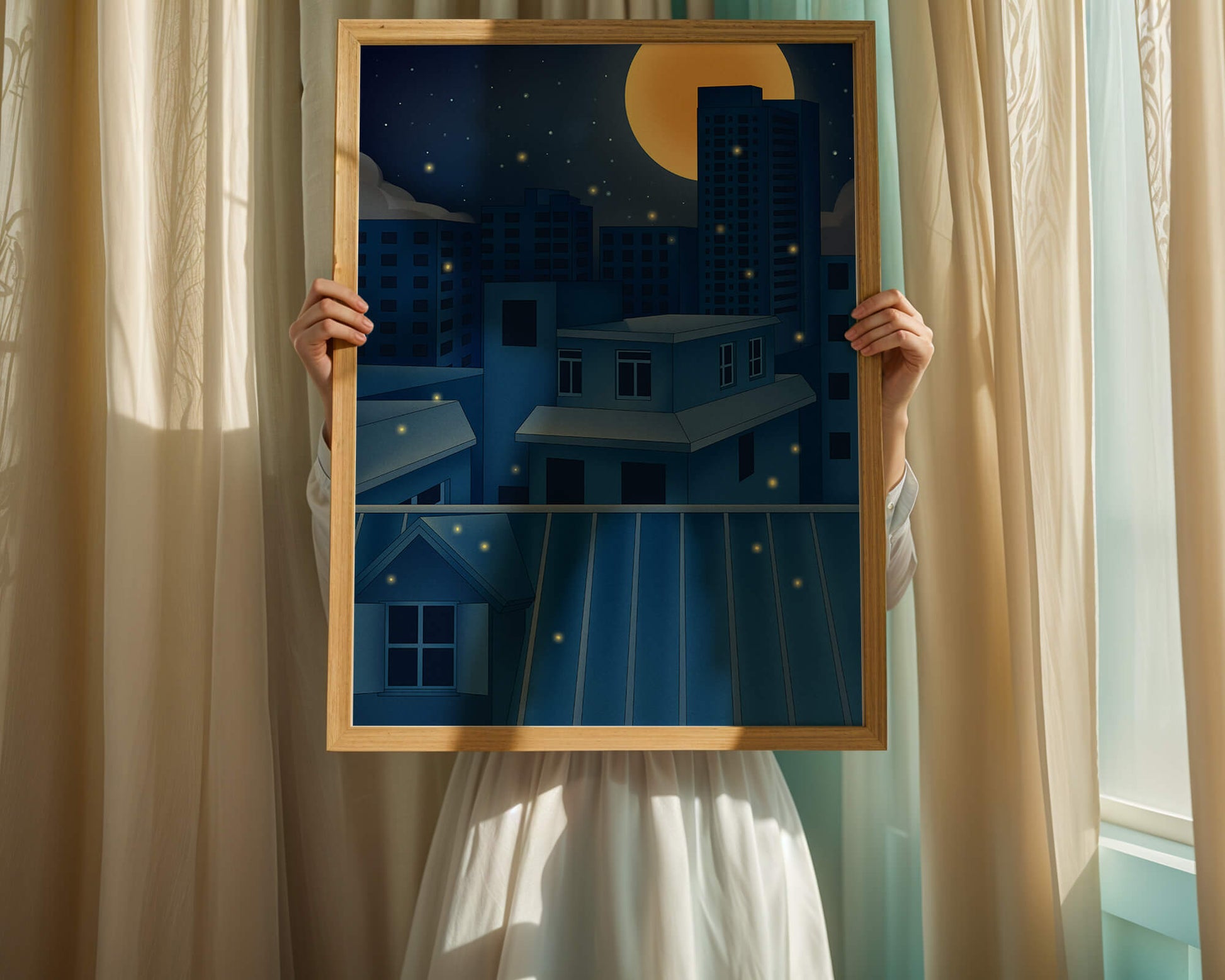 Skyline urbano nocturno bajo un cielo estrellado con una brillante luna llena