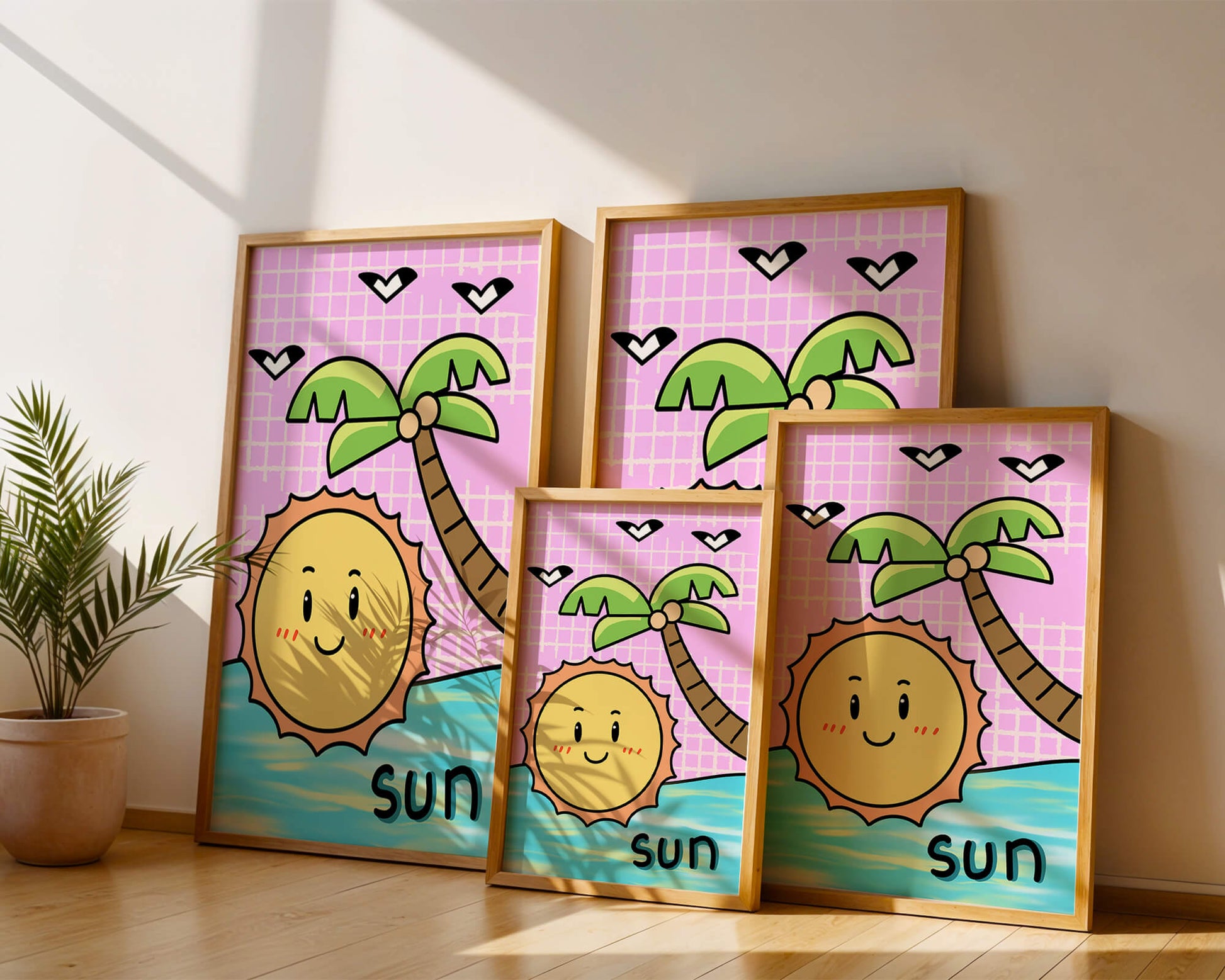 Cartoon sun with palm tree and ocean scene