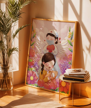 Escena ilustrada de un ángel de la salud con un niño y flores