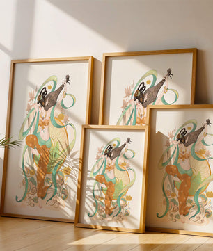 Elegant depiction of an Asian-inspired musician with floral and ribbon motifs
