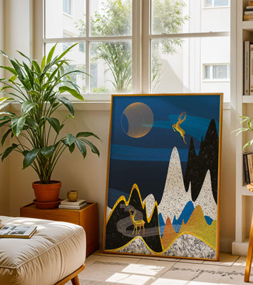 Abstract Landscape with Golden Deer and Surreal Moon