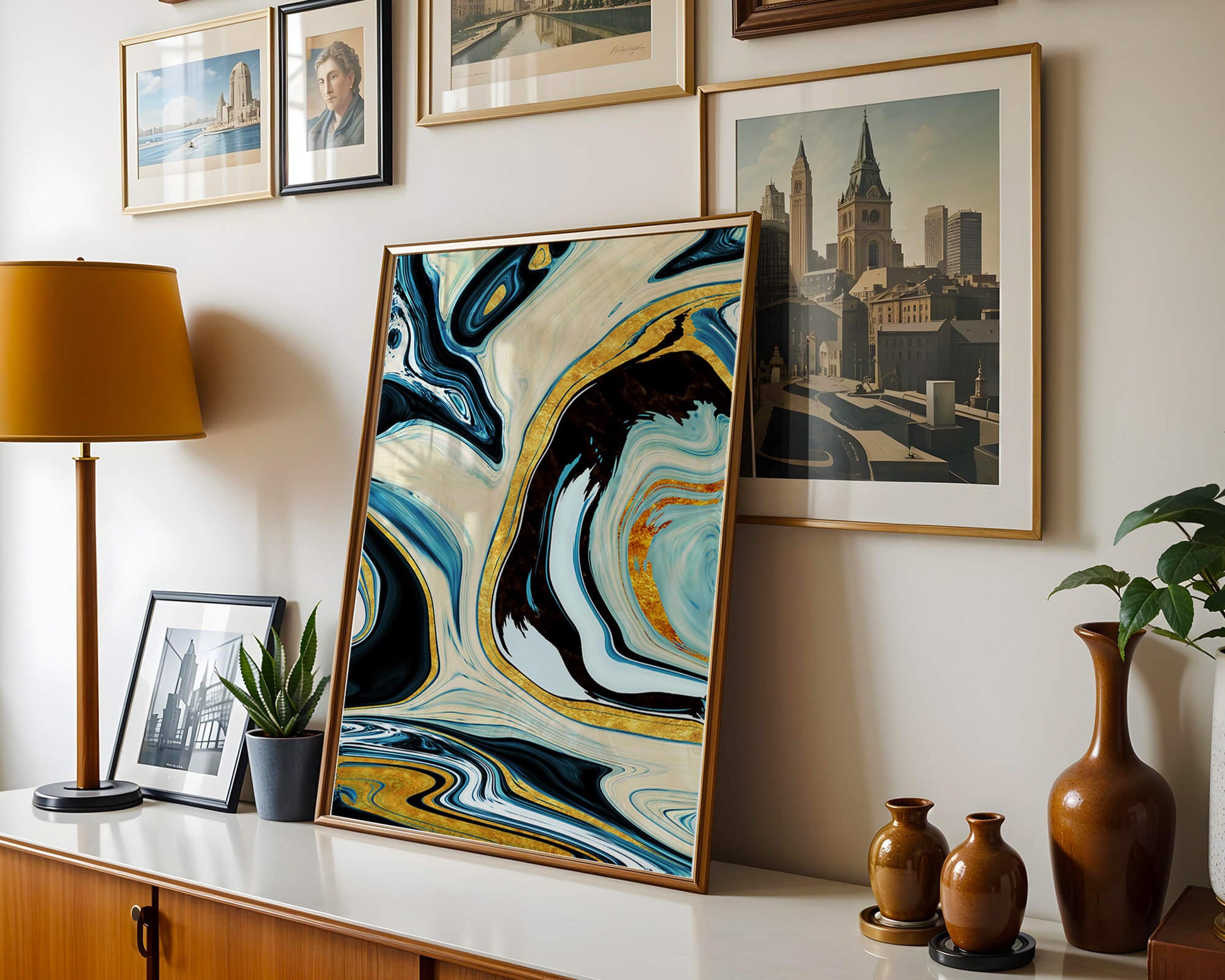 Abstract Marble Art with Gold Accents in Blue and Black Swirls