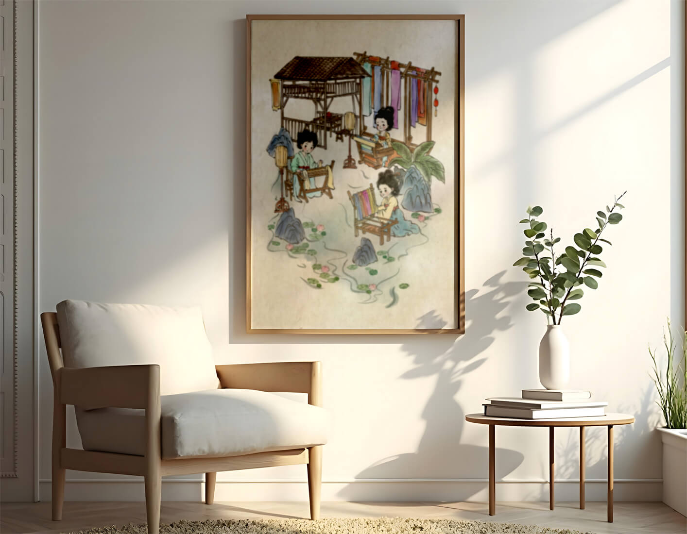 Charming illustration of traditional textile crafts in a serene setting
