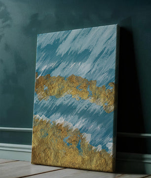 Pintura abstracta con textura dorada y fondo azul