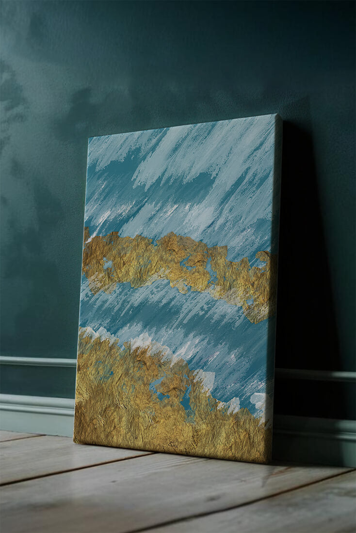Abstract painting with gold texture and blue background