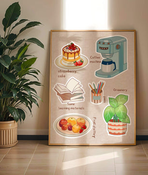 Elementos esenciales del hogar acogedor que incluyen pastel de fresa, cafetera y materiales de estudio