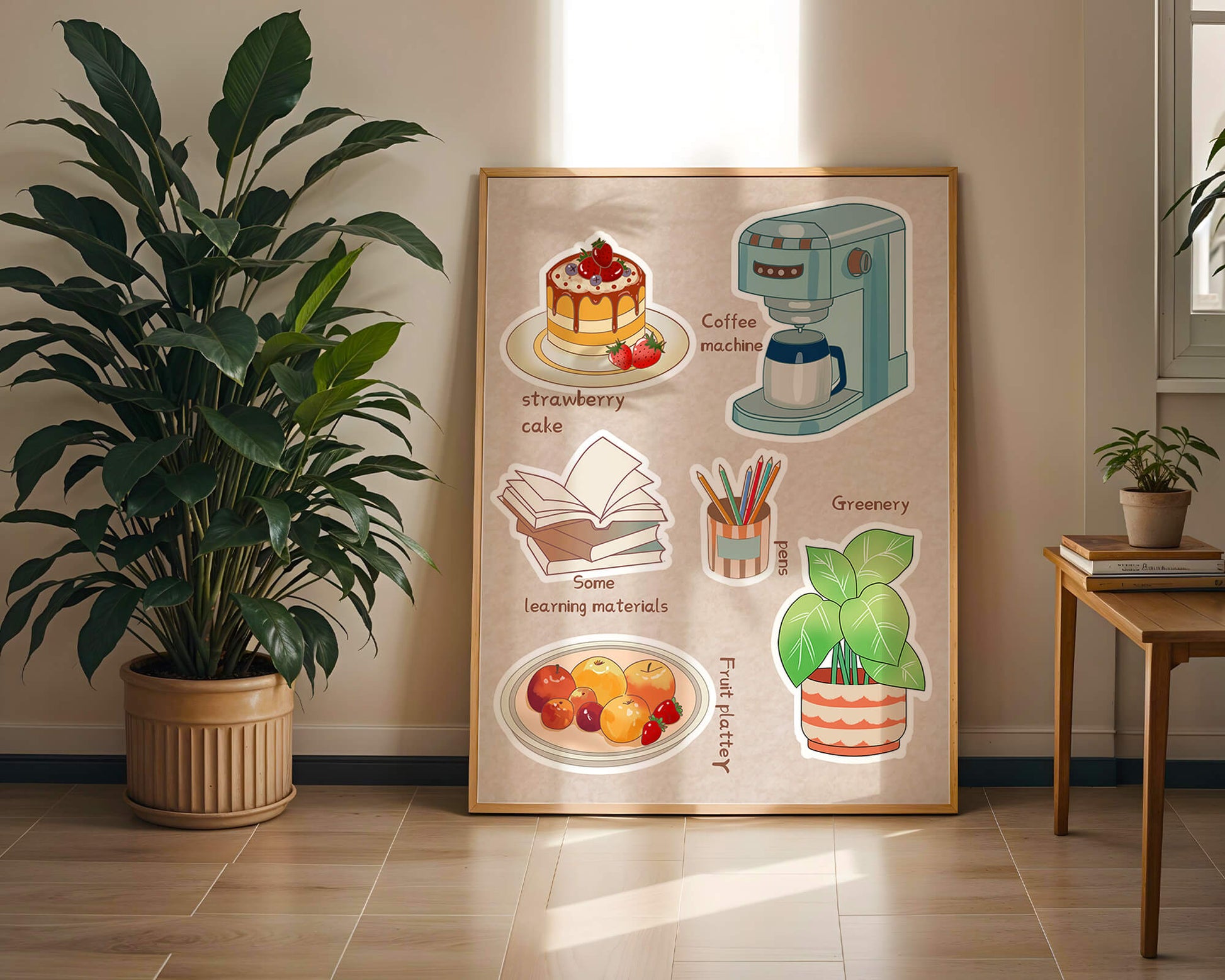 Elementos esenciales para un hogar acogedor, como tarta de fresa, cafetera y materiales de estudio.