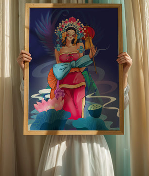 Colorful illustration of a woman in traditional attire with floral headdress