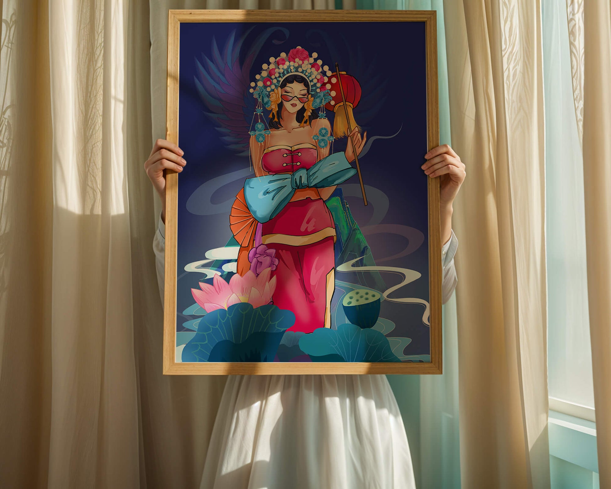 Colorful illustration of a woman in traditional attire with floral headdress