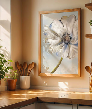 Art captivant de fleurs blanches avec des nuances de bleu sur un fond pastel