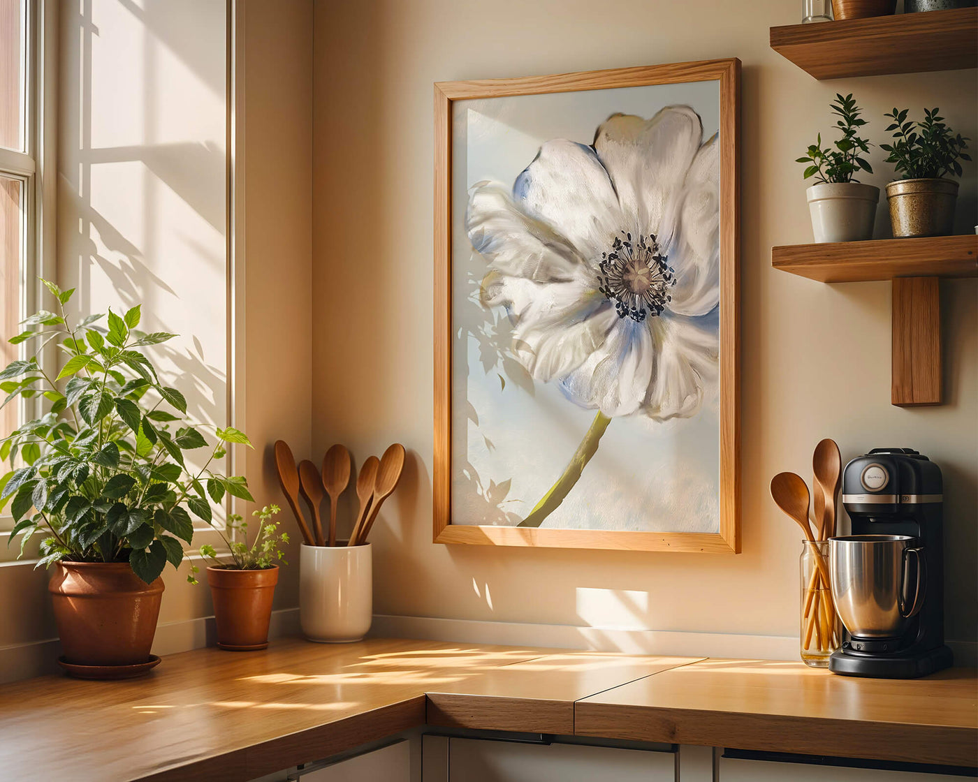 Captivating white flower art with blue hues on a pastel background