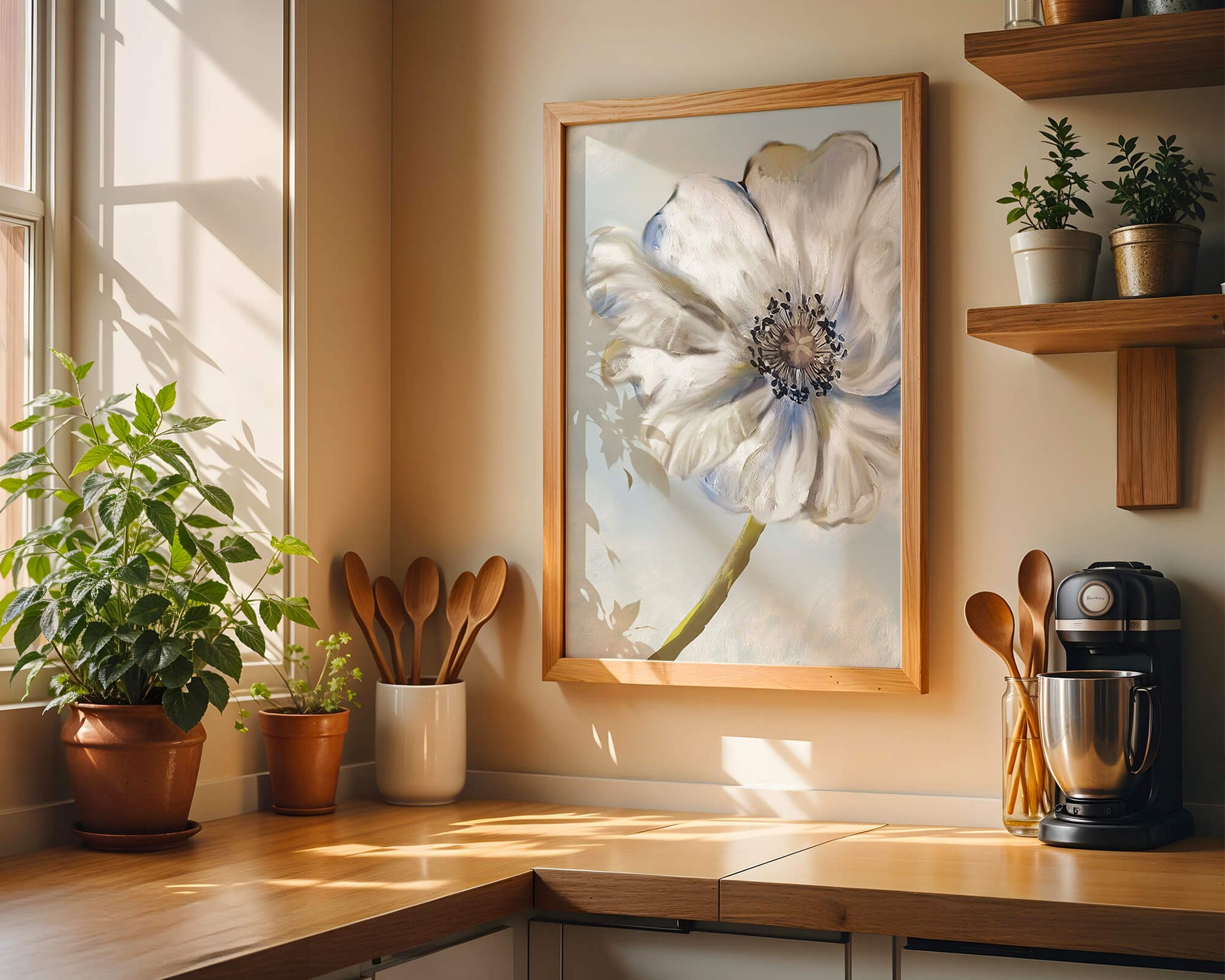 Captivating white flower art with blue hues on a pastel background