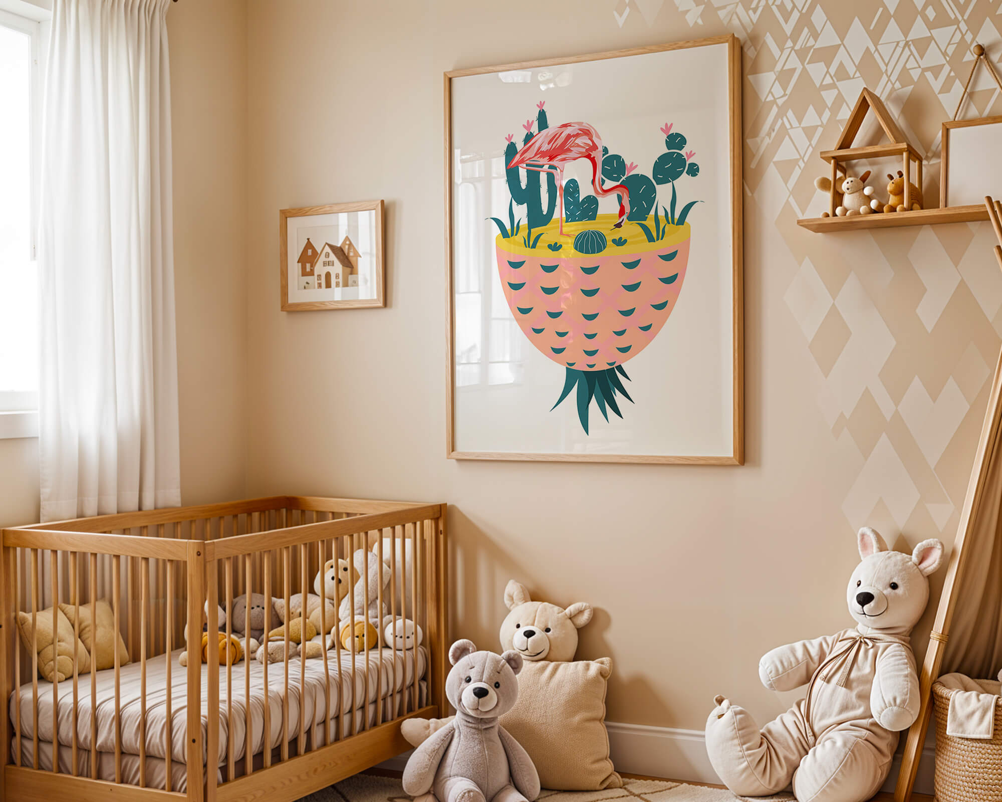 Flamingo with Cacti in Pineapple Vase Illustration