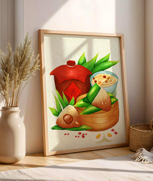Illustrated traditional Chinese food with zongzi and rice wine
