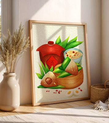 Illustrated traditional Chinese food with zongzi and rice wine