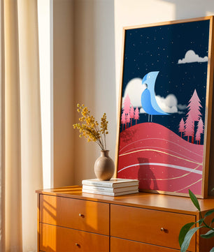 Colorful Night Scene with Blue Bird Under Starry Sky - Mi tienda