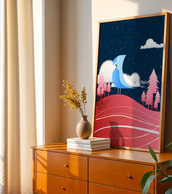 Colorful Night Scene with Blue Bird Under Starry Sky