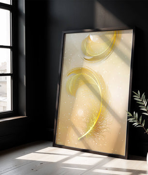 Elegant golden feather design with shimmering background