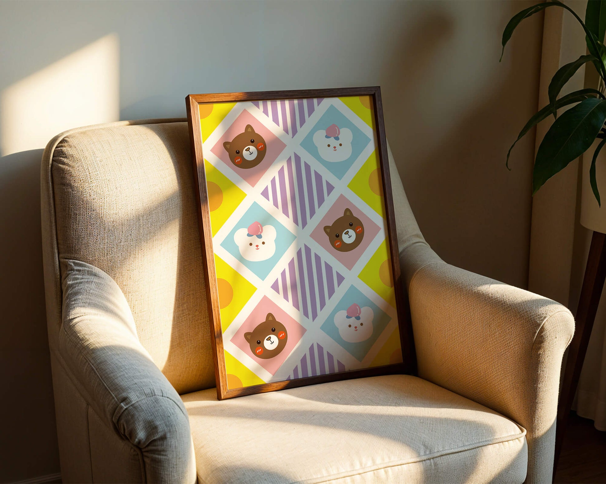 Playful geometric bear and colorful pattern for children's room decor