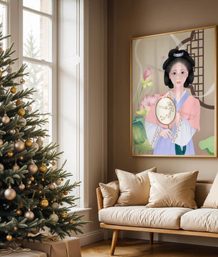 Elegant traditional Asian woman in pastel attire with floral background