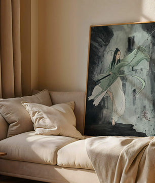 Dynamic illustration of a warrior in flowing robes with a spear