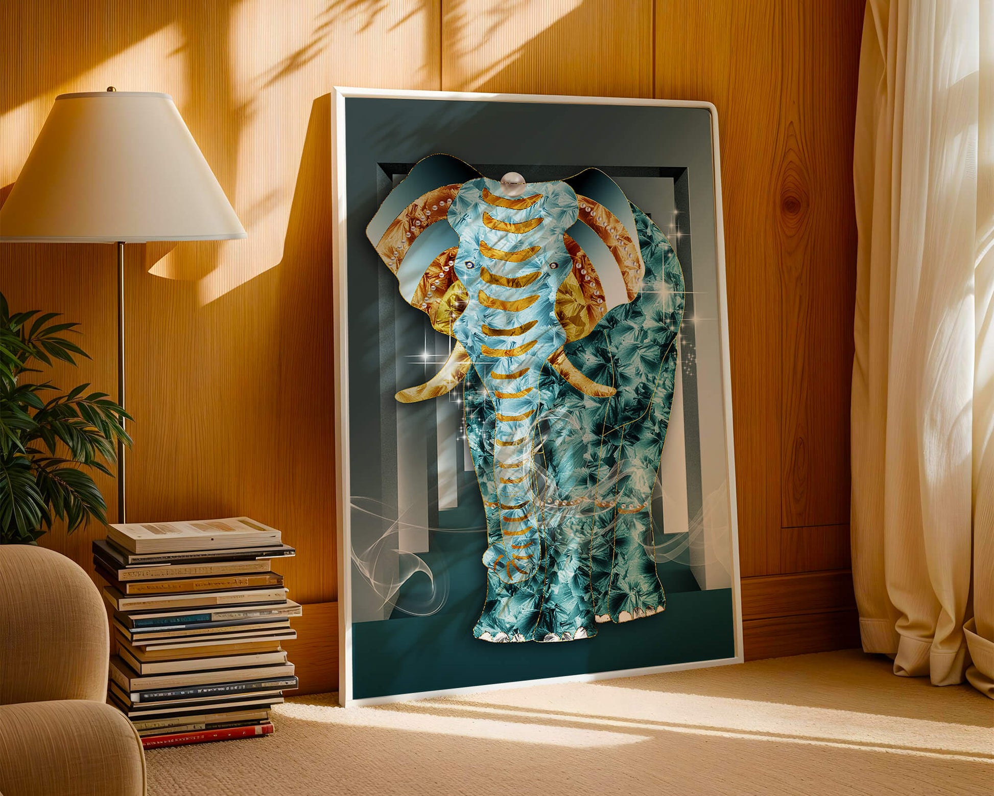 Elephant with Gold and Blue Textures in Surreal Geometric Background
