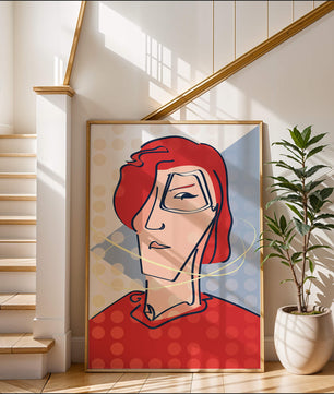 Abstract portrait with red hair and dotted background